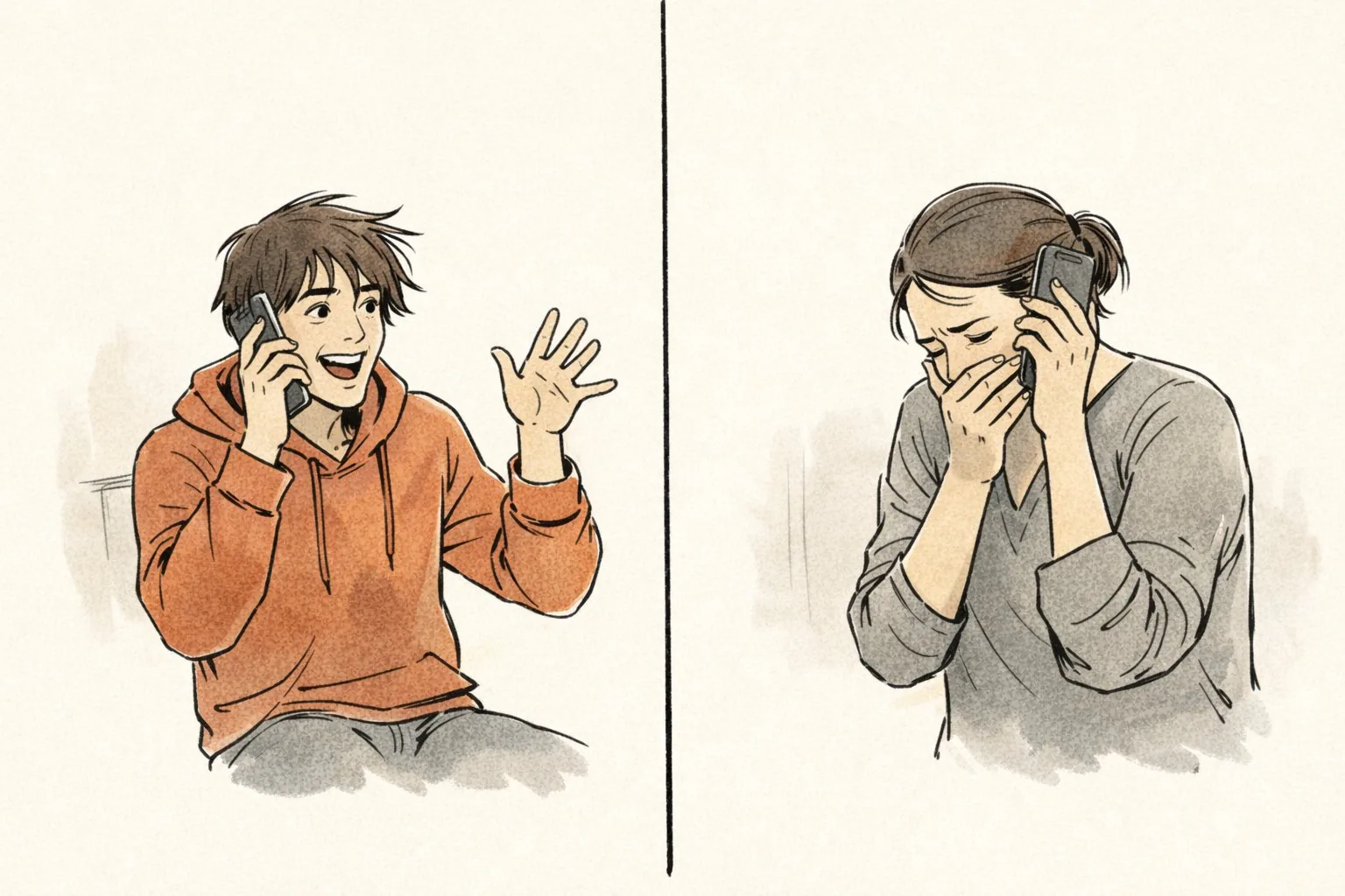 Parent and child speaking happily by phone