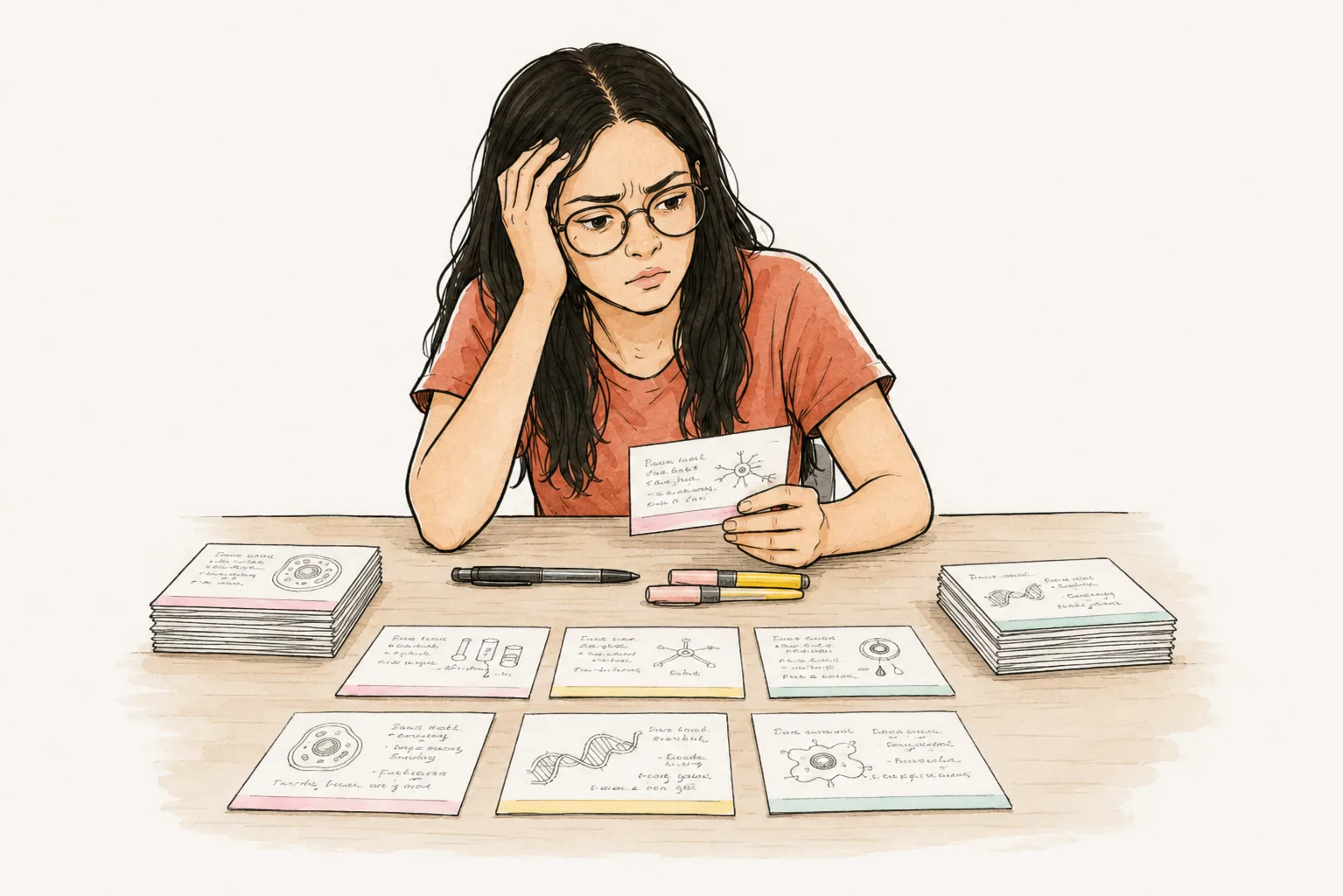 Student looking confused while studying flashcards