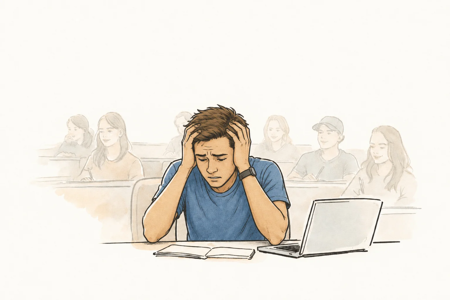 Student holding his head in frustration at a laptop